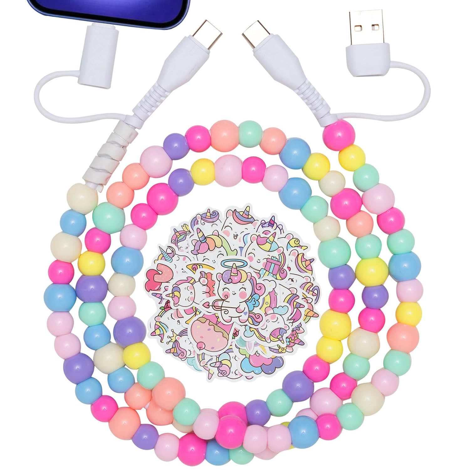 4 in 1 Multi Charging Cable Fast Charging 66W Colorful Beaded USB C Cable with 50Pcs Sticker, Multiple Charger Cord Girl Women for iPhone 17 16 15 14 Pro Max/for Galaxy S25 S24 Ultra/iPad (3.3FT)