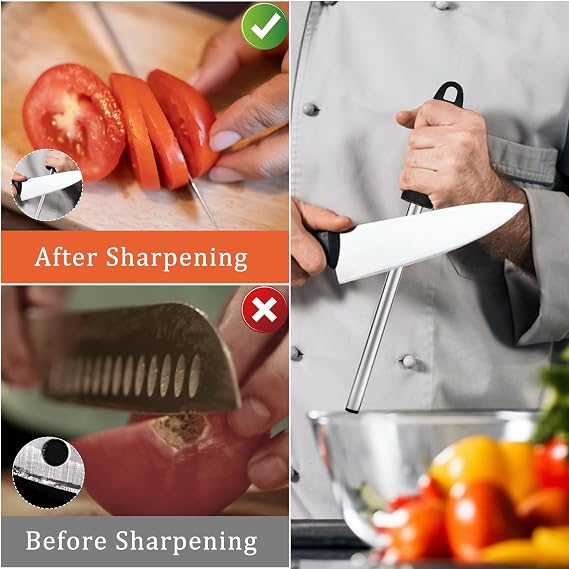 12 Inch Diamond Honing Steel,Professional Knife Sharpener Rod, Kitchen Knife Sharpening Rod & Tungsten Carbide Sharpener for Honing Knife Blades, Chef Knives, Pruning Shears, Garden Tools