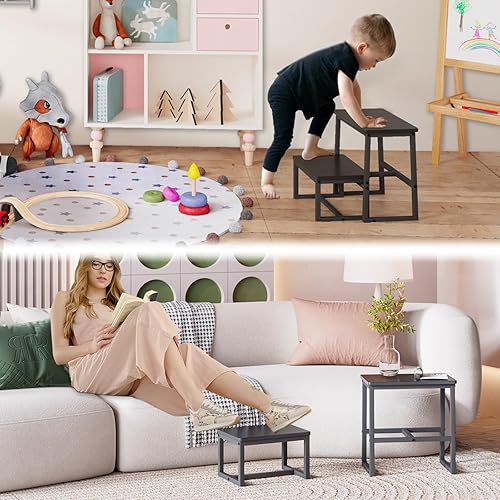 Miniatura 5 de Taburete de escalón para adultos, soporta hasta 500 libras, 3 en 1, resistente taburete de dos pasos para Kichen/baño/camas altas, marco de madera y