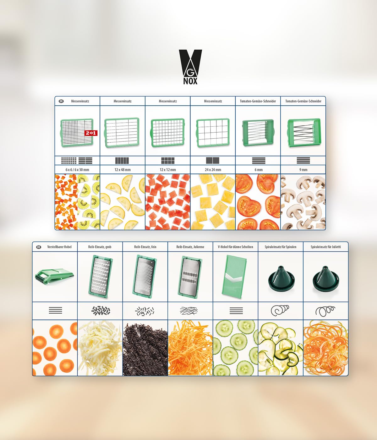 Genius Mandoline Nicer Dicer Chef 34 en 1 Multifunction Professionelle - Coupe-légumes avec bol en verre et coupe-tomates légumes | âtonnets, tranches, bandes, spirales, julienne