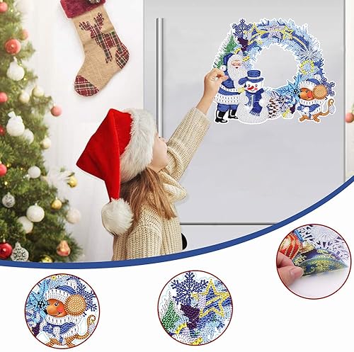 Miniatura 9 de AZURAOKEY Cartel colgante de corona de pintura de diamantes de Navidad, kit de guirnalda de pintura de diamante con forma especial, corona de arco,