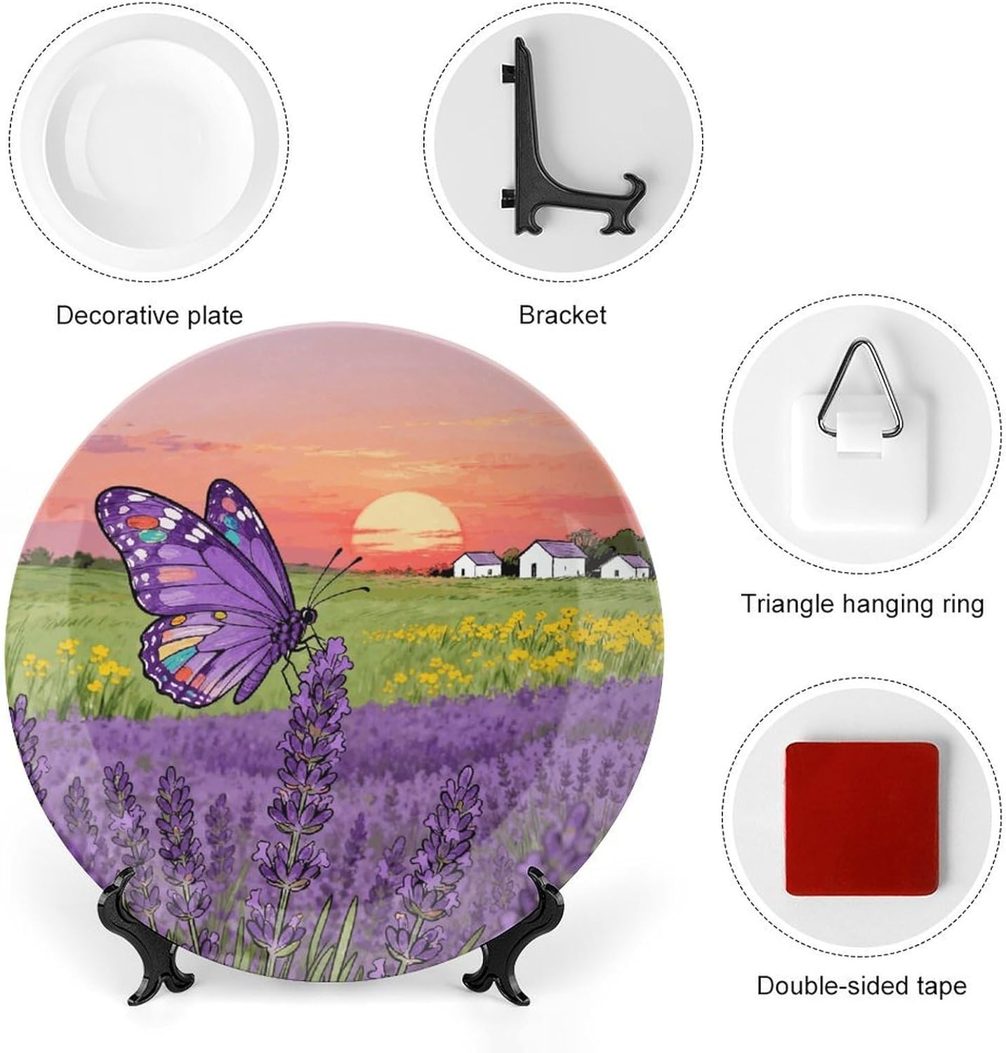 Purple Lavender Fields Decorative Plates Bone China Plates with Stand for Display 10inch Round Ceramic Dinner Plates Dessert Plate for Kitchen Party Coffee Table Decor Art