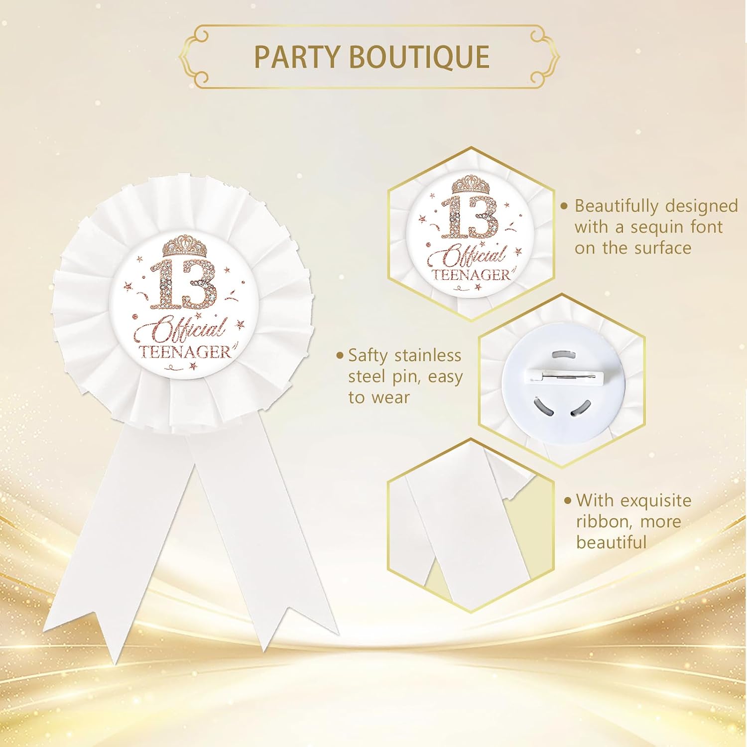 Happy 13th Birthday Tinplate Badge Pin, Official Teenager Birthday Button Pin, Rose Gold Crown Happy Birthday White Rosette Badge Pin for Girl, Brooch Buttons for Thirteen Birthday Party