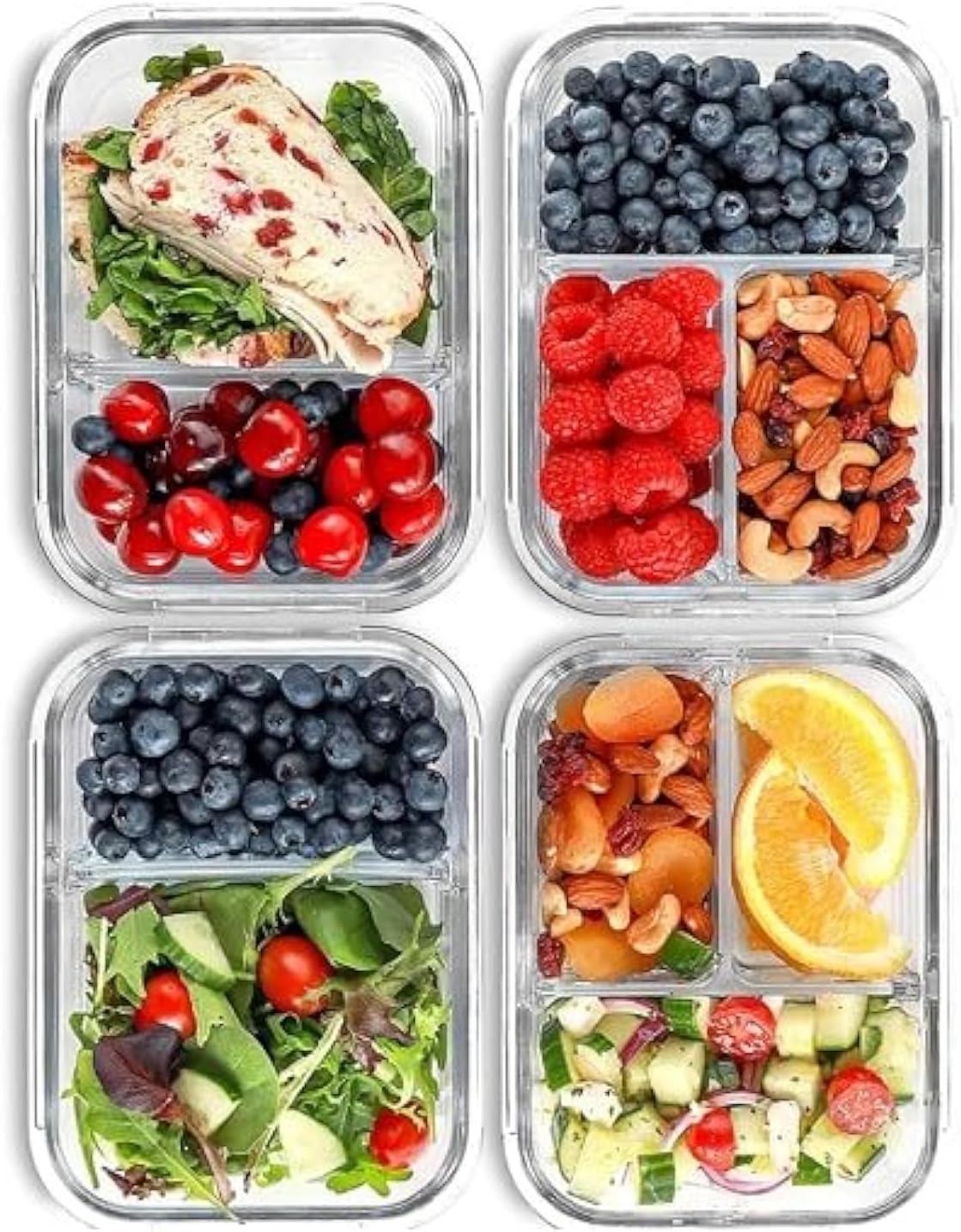 Large 2 & 3 Compartment Glass Meal Prep Containers - Food Storage Containers with Lids, Glass Lunch Box, Bento Box Lunch Containers, Portion Control, Airtight-1520ml (Pack of 4)