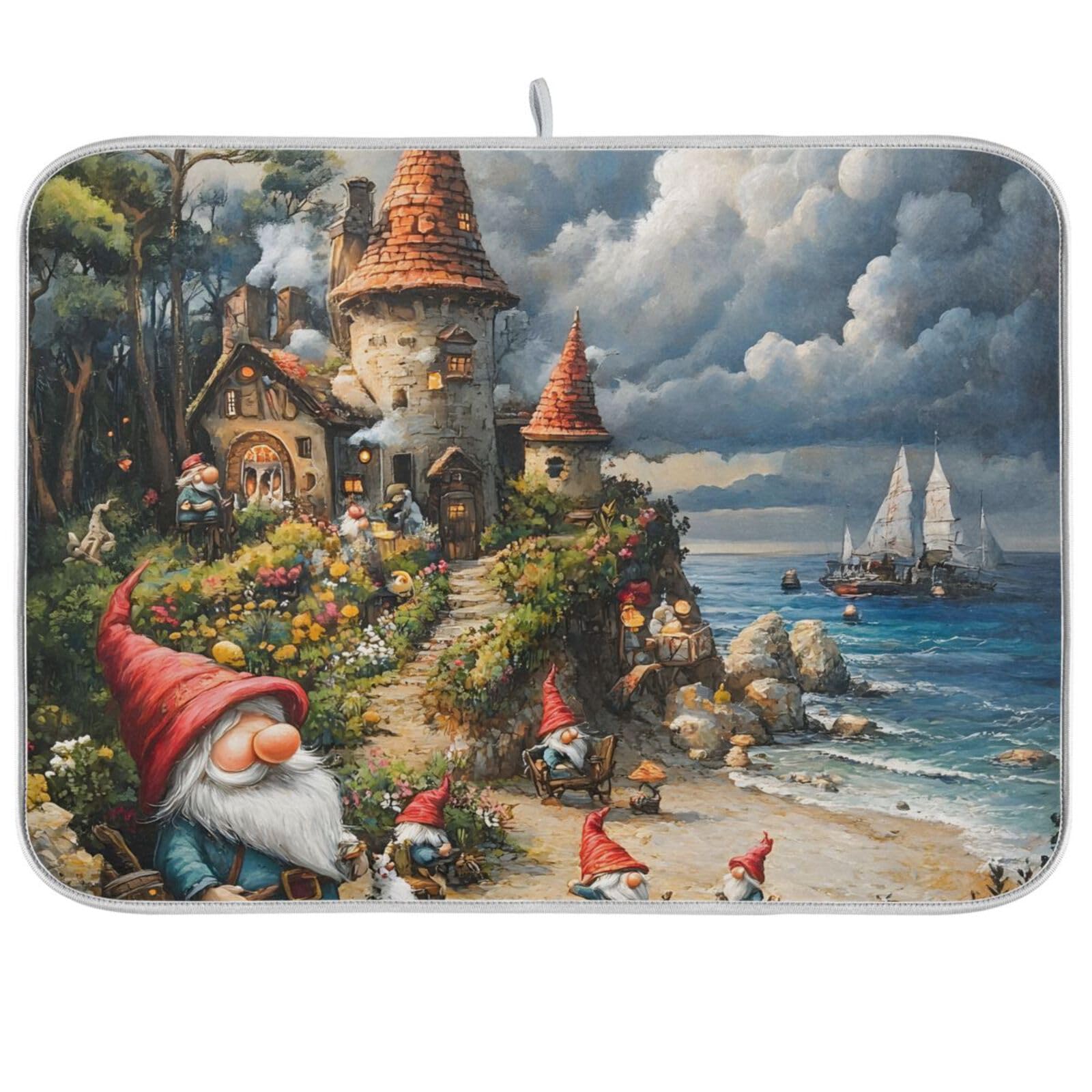 BOENLE Gnomes' Comfortable Life Dish Drying Mat for Kitchen Counter Absorbent Reversible Mats Kitchen Accessories-18x24in