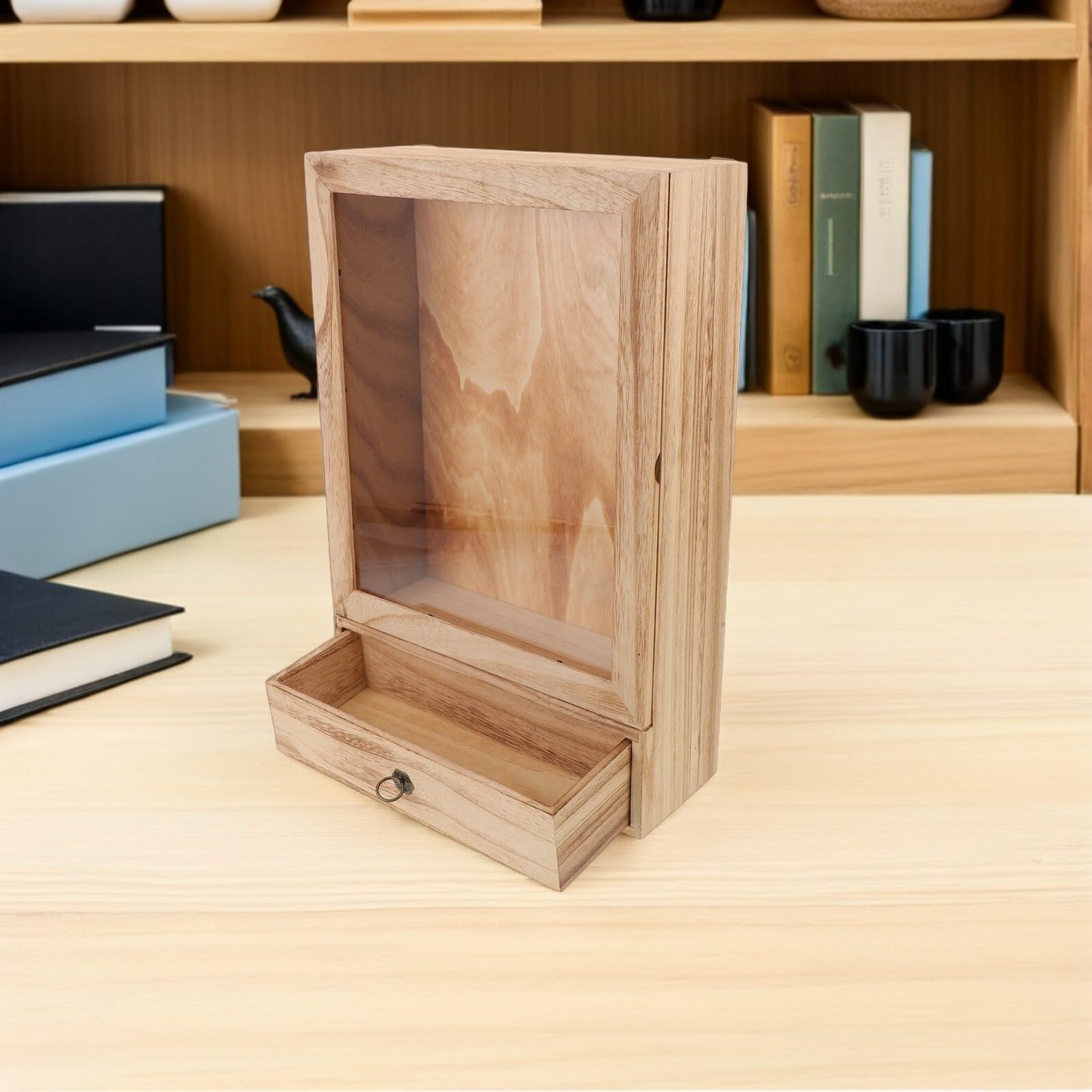 Veemoon Caja De Muestra De Madera Sólida Bastidor Vitrina para Coleccionables Marco De La Imagen Light Brown