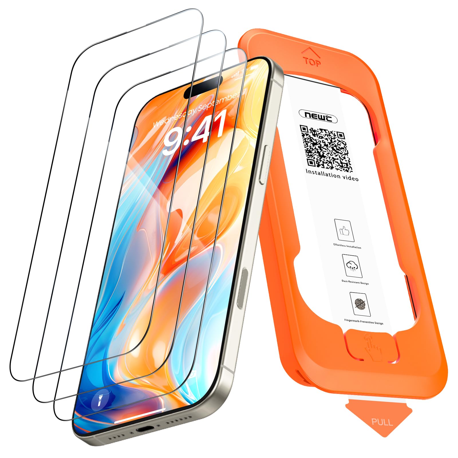 NEW'C Pack of 3, Full Coverage Screen Protector for iPhone 17 Pro Max, iPhone 16 Pro Max 6.9 inches [Auto-Installation], Black Edge Tempered Glass Film - Ultra Resistant