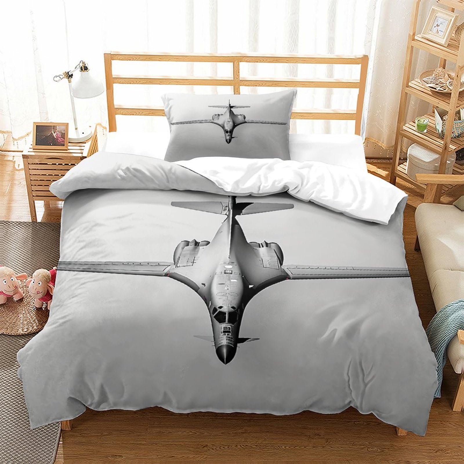 P1s9u7w5y Aircraft Aviation Inspired 3D Printed Duvet Cover Set 3Pcs Microfiber Grey Airplane Bedding Set Single（135X200cm）