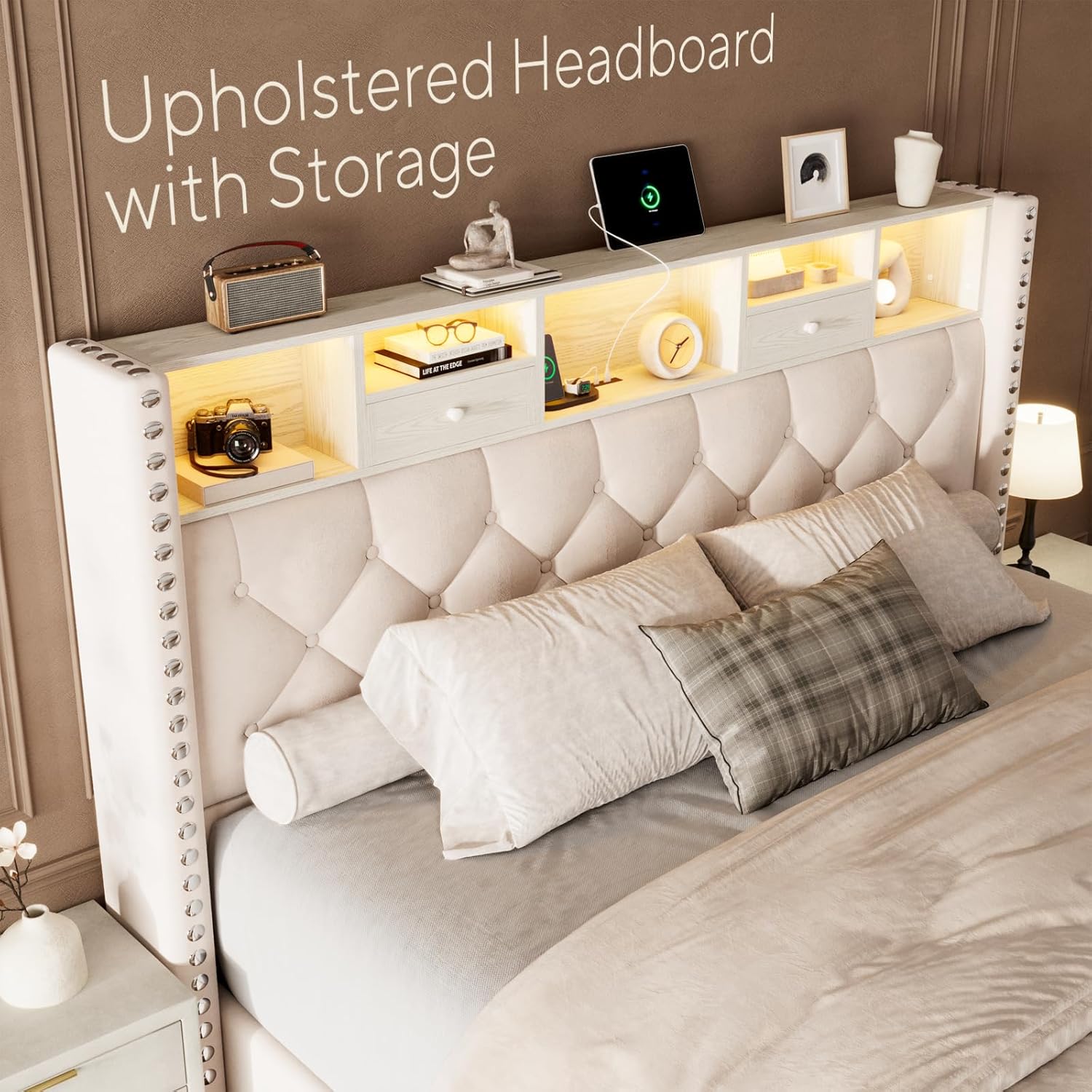 Upholstered Queen Bed Frame with Button Tufted Headboard and Storage Velvet Upholstered Bed Frame Queen Size with Rivets Wingback Platform Bedframe Solid Wooden Slat Support