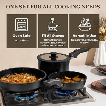 Nonstick Pots and Pans Set - 20 Pack KIKCOIN Stackable Cookware Set with Detachable Handle, RV Kitchen Cooking Set with Removable Handles - Oven Safe, Induction Ready (Black)