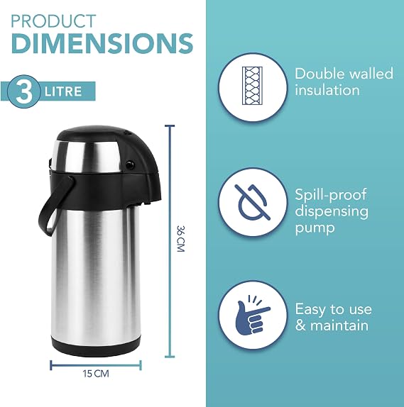 HEFTMAN Thermal Coffee Carafe - 3L Stainless Steel Airpot Pump Action Flask | Large Hot Water Flask, Double-Walled Insulation, Leak Proof, 360° Rotating Base, Carry Handle, Safety Lock, Removable Lid