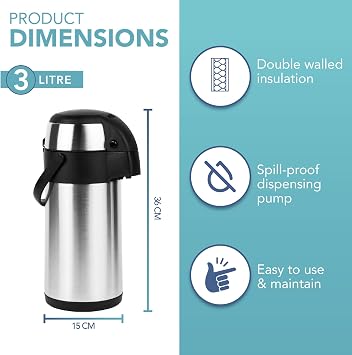 HEFTMAN Thermal Coffee Carafe - 3L Stainless Steel Airpot Pump Action Flask | Large Hot Water Flask, Double-Walled Insulation, Leak Proof, 360° Rotating Base, Carry Handle, Safety Lock, Removable Lid
