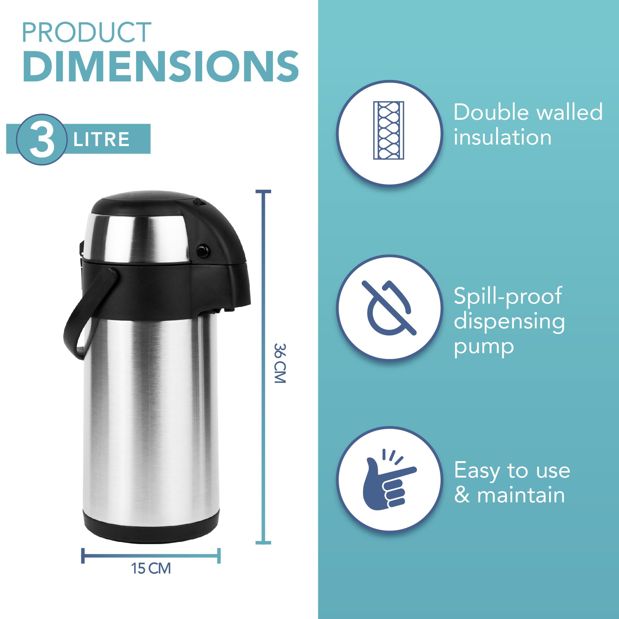 HEFTMAN Carafe à café isotherme - Airpot en acier inoxydable de 3L avec action pompe, isolation à double paroi, carafe à café et thé étanche avec base rotative à 360°, poignée de transport, verrou de