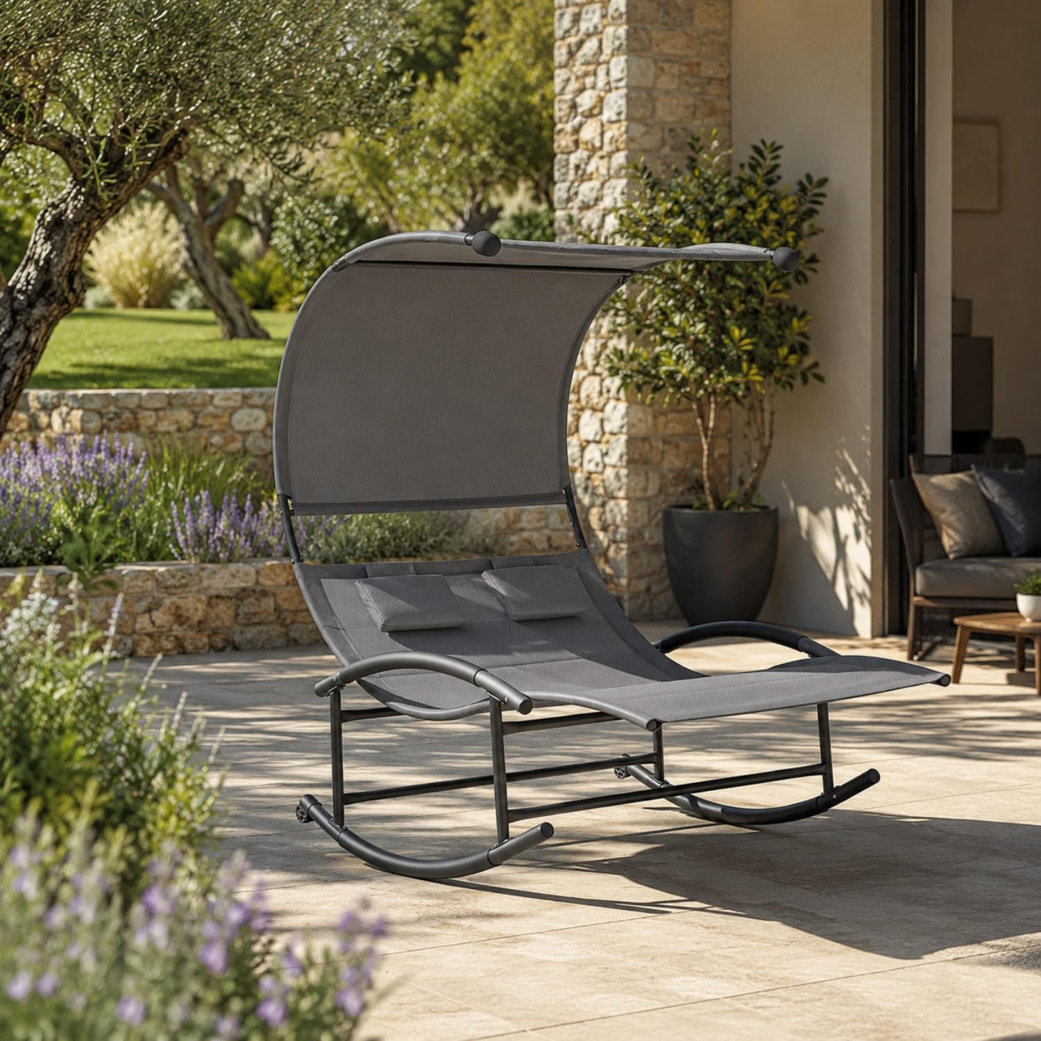 Lettino 2 Posti Dondolo Prendisole Con Parasole Integrato Design Ergonomico In Textilene Traspirante Struttura In Acciaio E Cuscini Ideale Per Giardino Piscina Outdoor 140x200x185 Cm Grigio