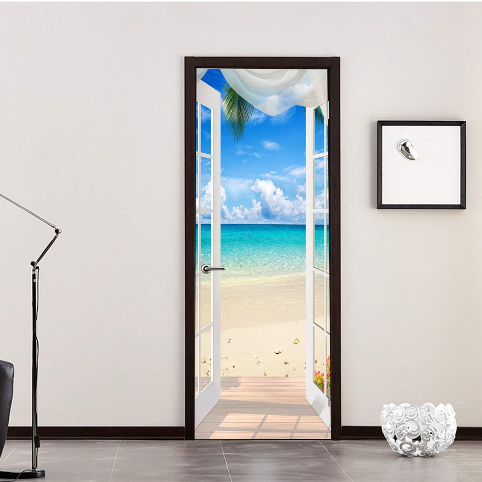 Autocollant Mural 3D Vue Sur Mer - 95x215 Cm - Vinyle Amovible - Pour Porte, Mur, Salle De Bain, Salon