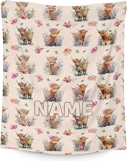 Mercuryelf Custom Highland Cow Throw Blanket - Soft, Fuzzy & Warm - 60x80 Inches Flannel Blankets for Bed, Couch - Beige Cute Throws Gift for Adults