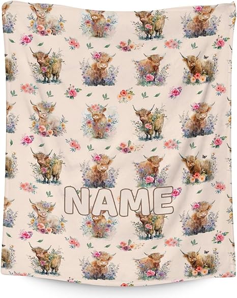 Mercuryelf Custom Highland Cow Throw Blanket - Soft, Fuzzy & Warm - 60x80 Inches Flannel Blankets for Bed, Couch - Beige Cute Throws Gift for Adults
