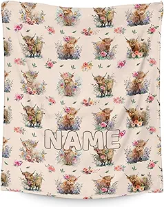 Mercuryelf Custom Highland Cow Throw Blanket - Soft, Fuzzy & Warm - 60x80 Inches Flannel Blankets for Bed, Couch - Beige Cute Throws Gift for Adults