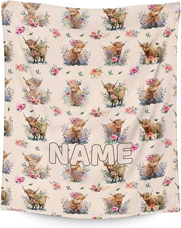 Mercuryelf Custom Highland Cow Throw Blanket - Soft, Fuzzy & Warm - 60x80 Inches Flannel Blankets for Bed, Couch - Beige Cute Throws Gift for Adults