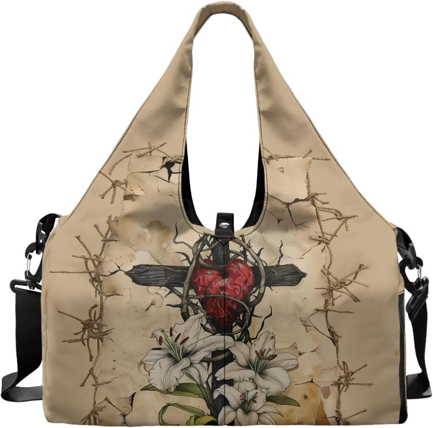 Goth Rose Bat Yoga Gym Bags for Women with Yoga Mat Holder Crow Skull Shoes Compartment Tote Handbag for Travel