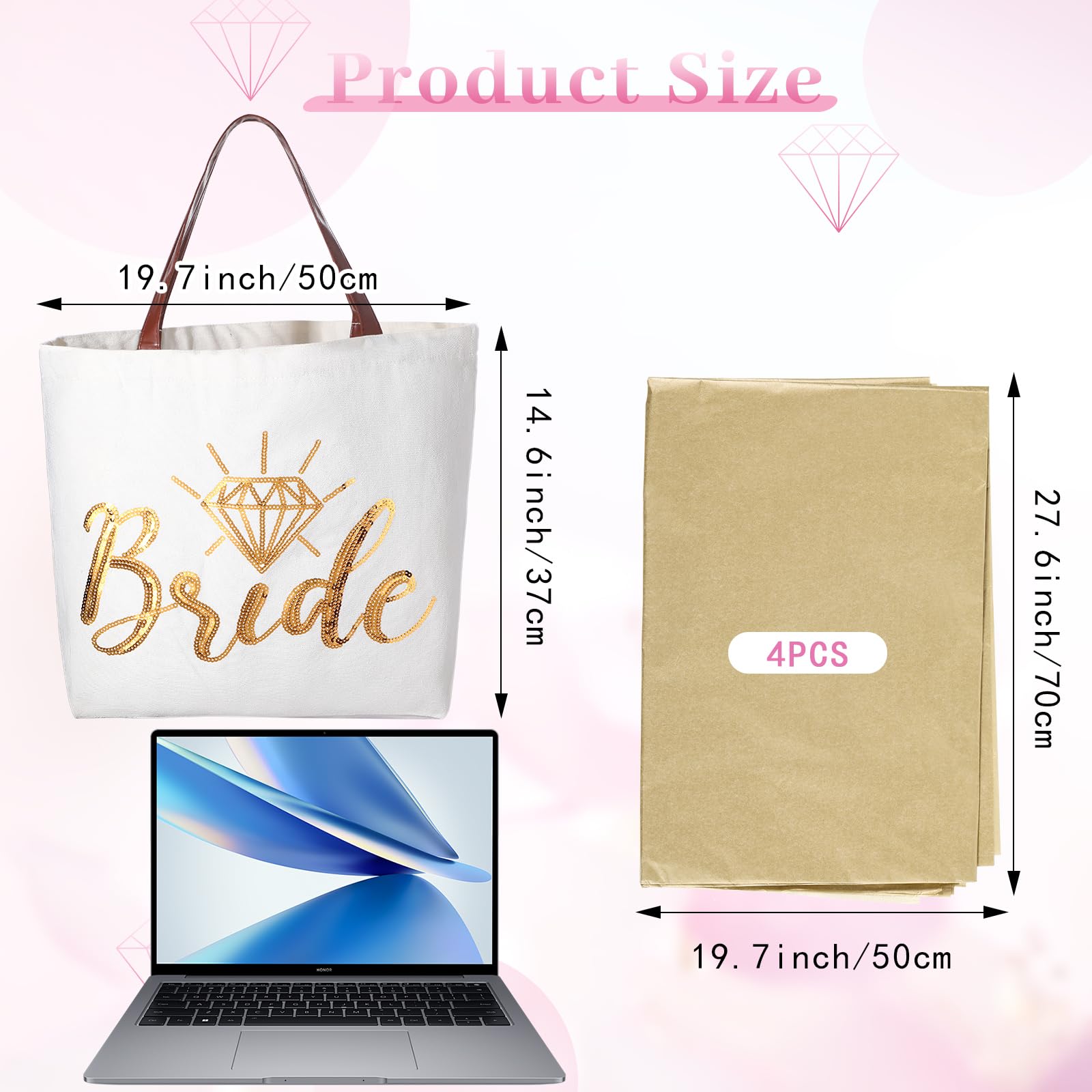 Saintrygo Wedding Shower Wrapping Paper Bride Canvas Tote Bag with 4 Sheets Bridal Shower Wrapping Paper Gifts for Bridal Gift Bag Wedding Party Engagement Honeymoon(Bride)