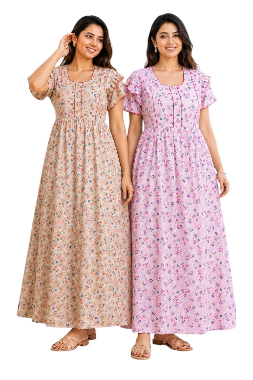 Women's Pure Cotton Floral Maxi Nighty, Frock Style Short Sleeve Full Length Night Gown with Adjustable Belt, Comfortable Sleepwear, Pack of 2-picture-37