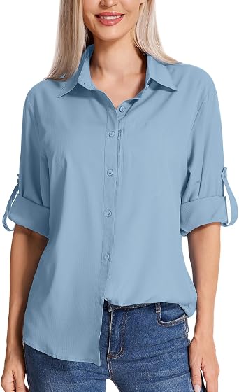 Womens Long Sleeve Safari Clothes UPF 50+ Hiking Fishing Shirts,Sun Protection Quick Dry Light Cooling Shirts
