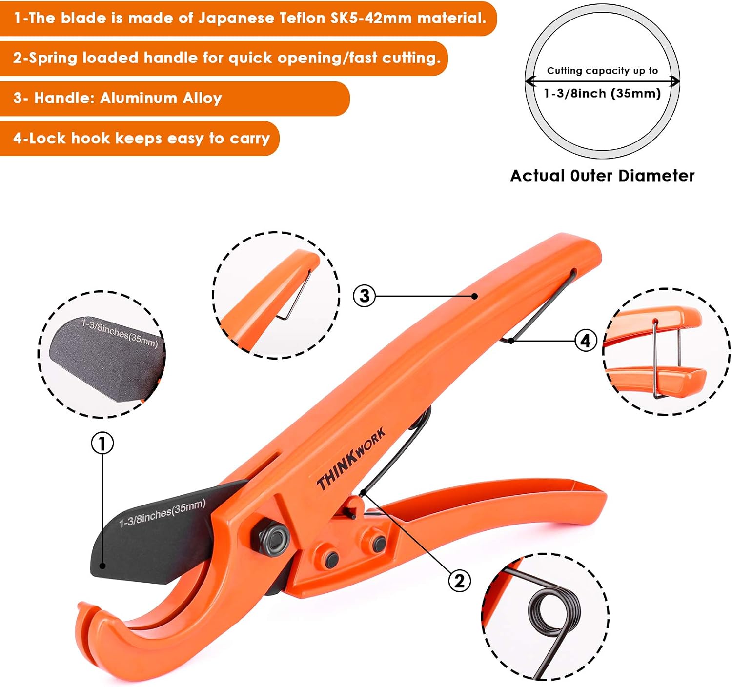 THINKWORK Ratchet-type Pipe(1-5/8" OD) and PEX Straight Cut Pipe Cutters(1-3/8" OD),2 Pack One-hand Fast Pipe Cutting Tool for Cutting PVC Plastic Hoses and Pipes,Suitable for Home Working and Plumber