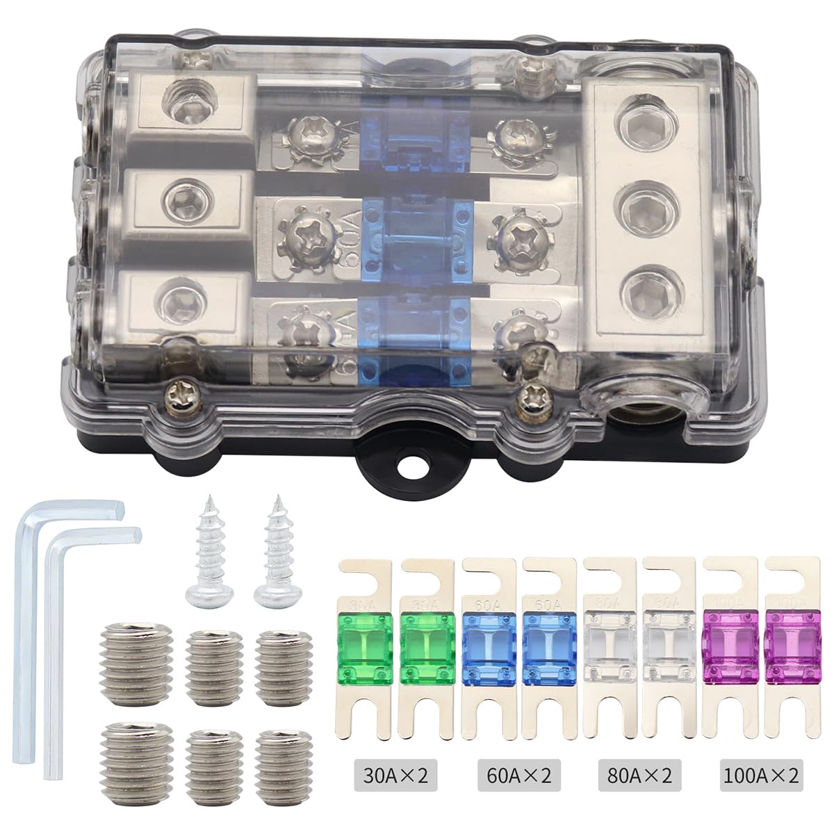 3 scomparti per camper auto, blocco di distribuzione audio, mini portafusibili per auto, scatola di sicurezza, 25 mm², 10 mm², da 30 A, 60 A, 80 A, 100 A, fusibili