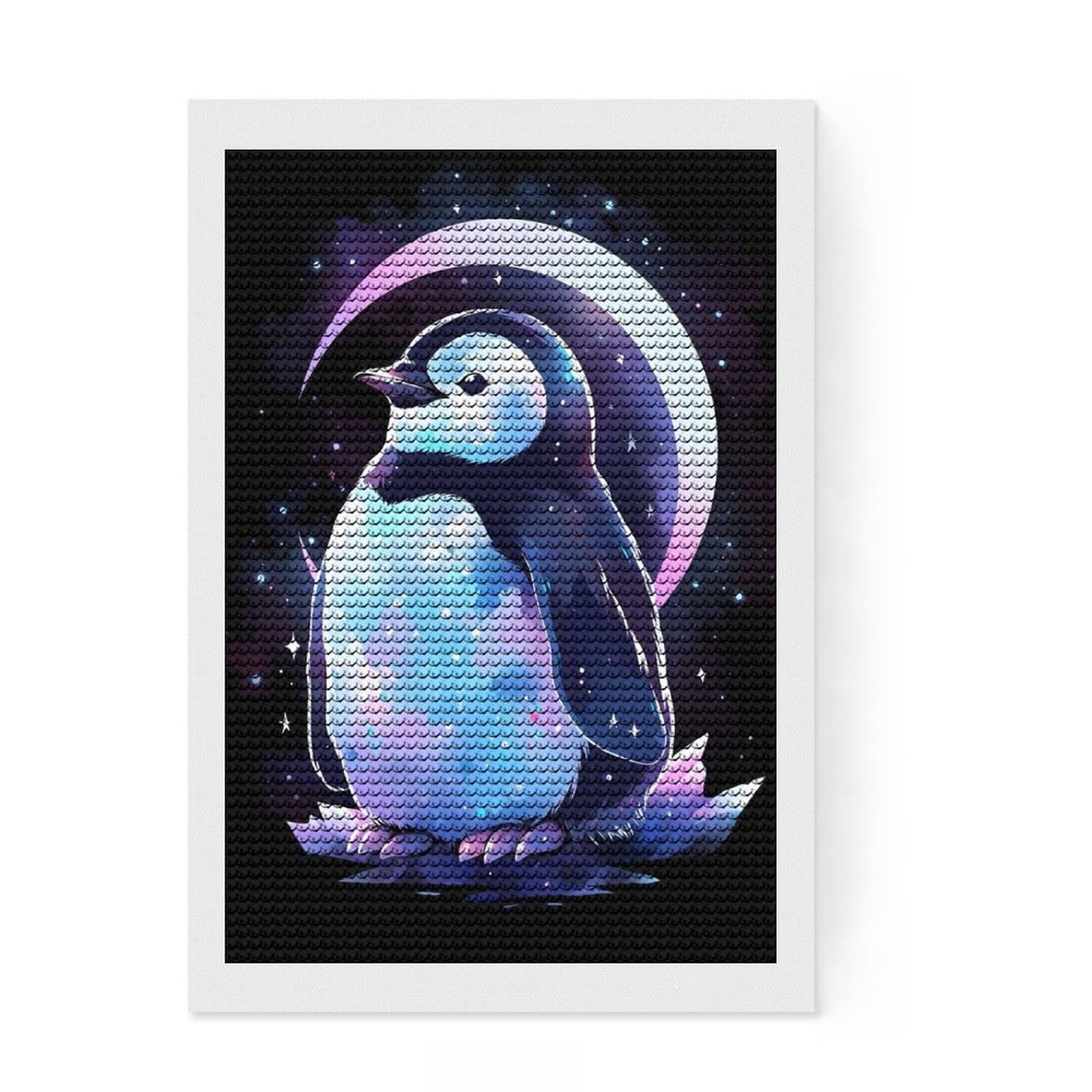 Junmoney Penguin Moon Crescent Diamond Art Canvas 8"x12", Home Wall Decor, for Craft Lovers, Stress Relief Craft, Holiday Gift Idea