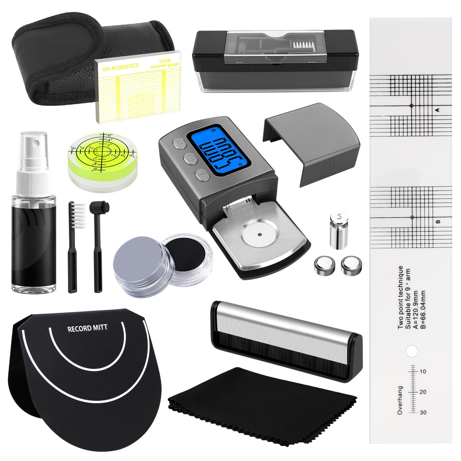 Kit di pulizia per dischi in vinile 12 in 1, kit di allineamento della cartuccia per giradischi con bilancia digitale, righello azimutale, goniometro di allineamento, livella a bolla, pennello in