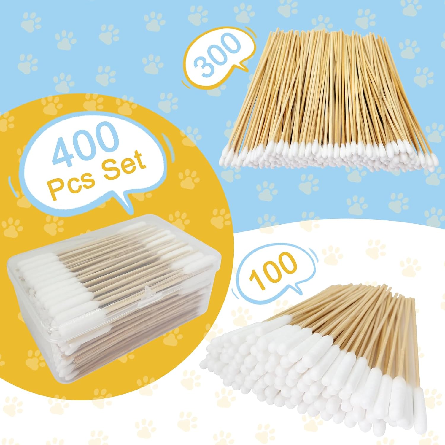 Eyxformula 400 Pcs Long Cotton Swabs for Dogs and Cats – 6 Inch Bamboo Sticks with Soft Cotton Buds for Ear, Eye, and Paw Cleaning – Includes 300 Standard Tips and 100 Extra-Long Tips