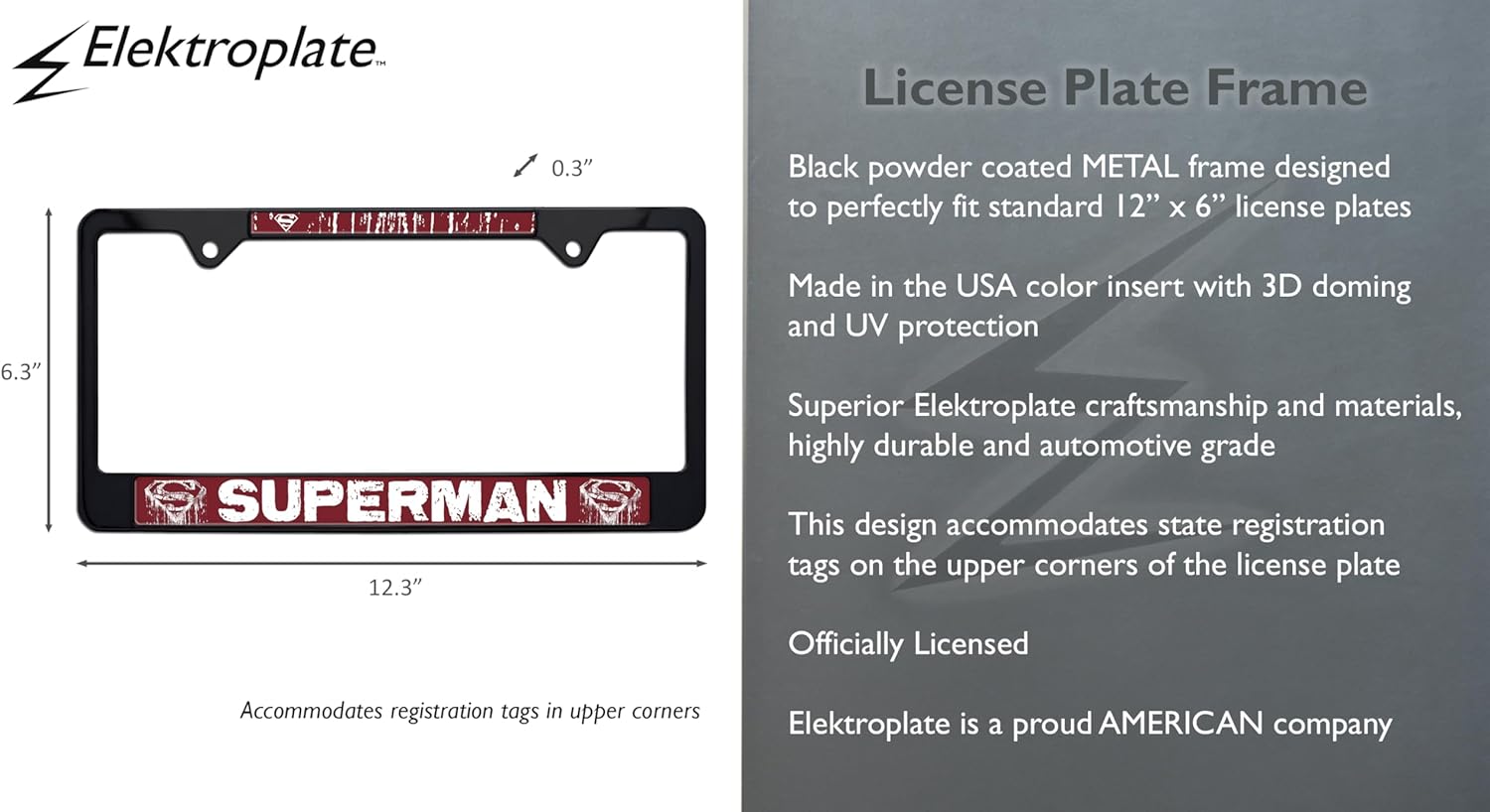 Elektroplate Officially Licensed - DC Comics Distressed Graphic Superman Black All-Metal Standard Size License Plate Frame Tag Holder for Cars/SUVs/Trucks Weather-Proof Automotive Accessory