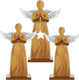 Suzile 3 Pieces Christmas Wooden Angel Statues Christmas Ornaments Vintage Figurine Angel Shaped Xmas Sculpture Table Crafts Farmhouse Centerpieces for Xmas Decorations