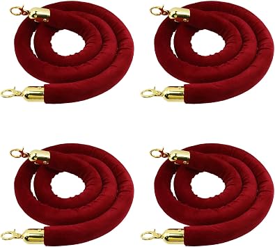 Oedema 4 Pcs Purple Red Velvet Stanchion Rope 5 Feet Crowd Control Rope Barrier with Gold Color Plated Hooks for Party, Movie Theater