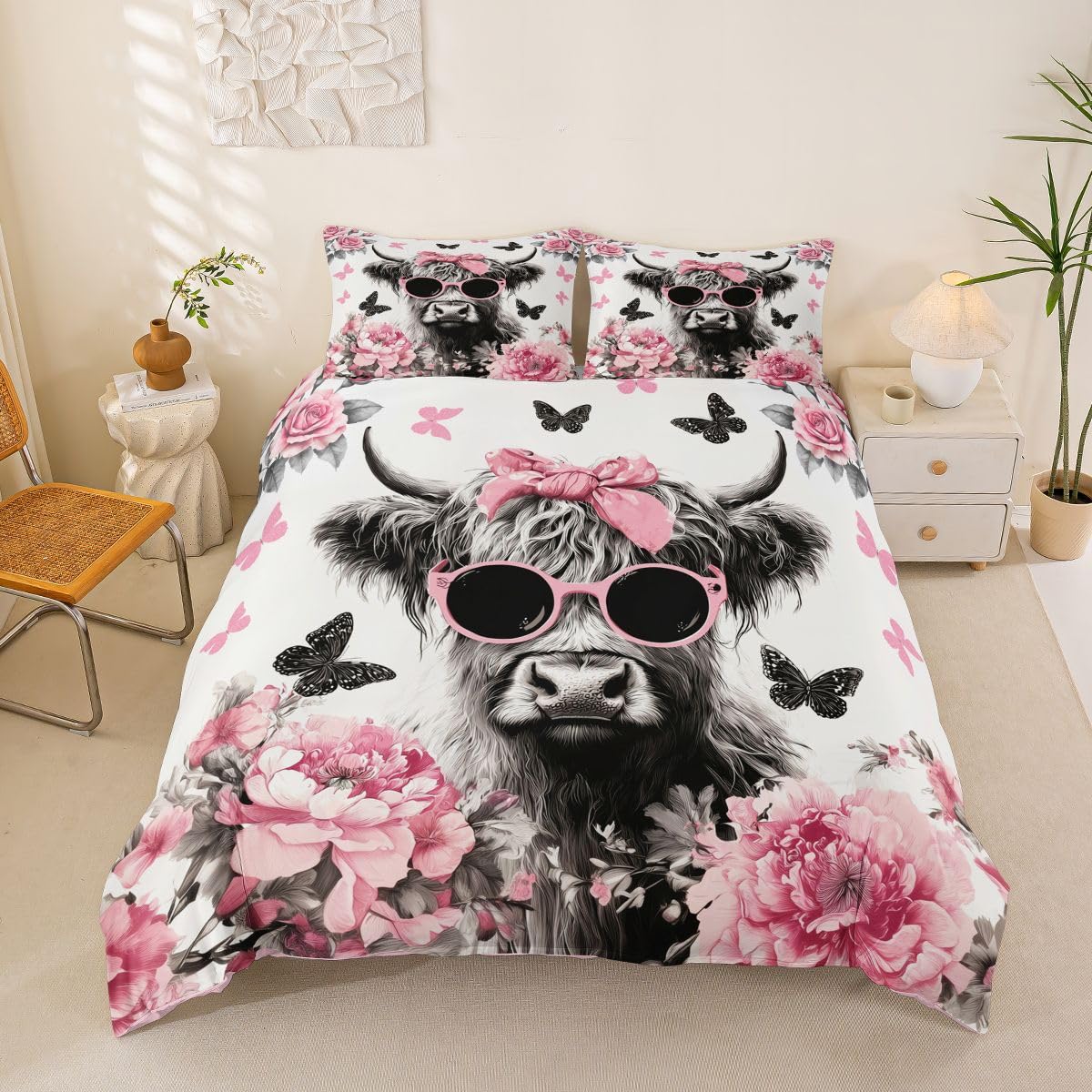 Homemissing Cute Highland Cow Duvet Cover Set Cot Size Flower Butterfly Highland Cow Bedding Set for Boys Girls Animal Duvet Cover with 1 Pillowcase Bedroom Decor โ image 1