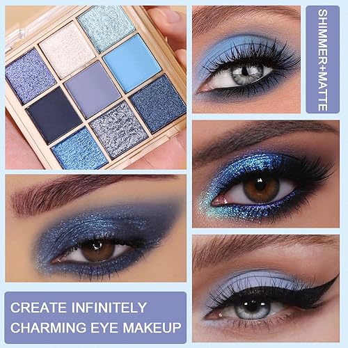 9 Colors Eye Shadow Palettes Makeup,Rose Gold Nude Brown Grey Smoky Eyeshadow Palette for Older Women,Natural Powde Eye Shadows Waterproof Long Lasting Naturing-Looking,Travel Size Makeup Pallete(9 Colors-02# Blue)