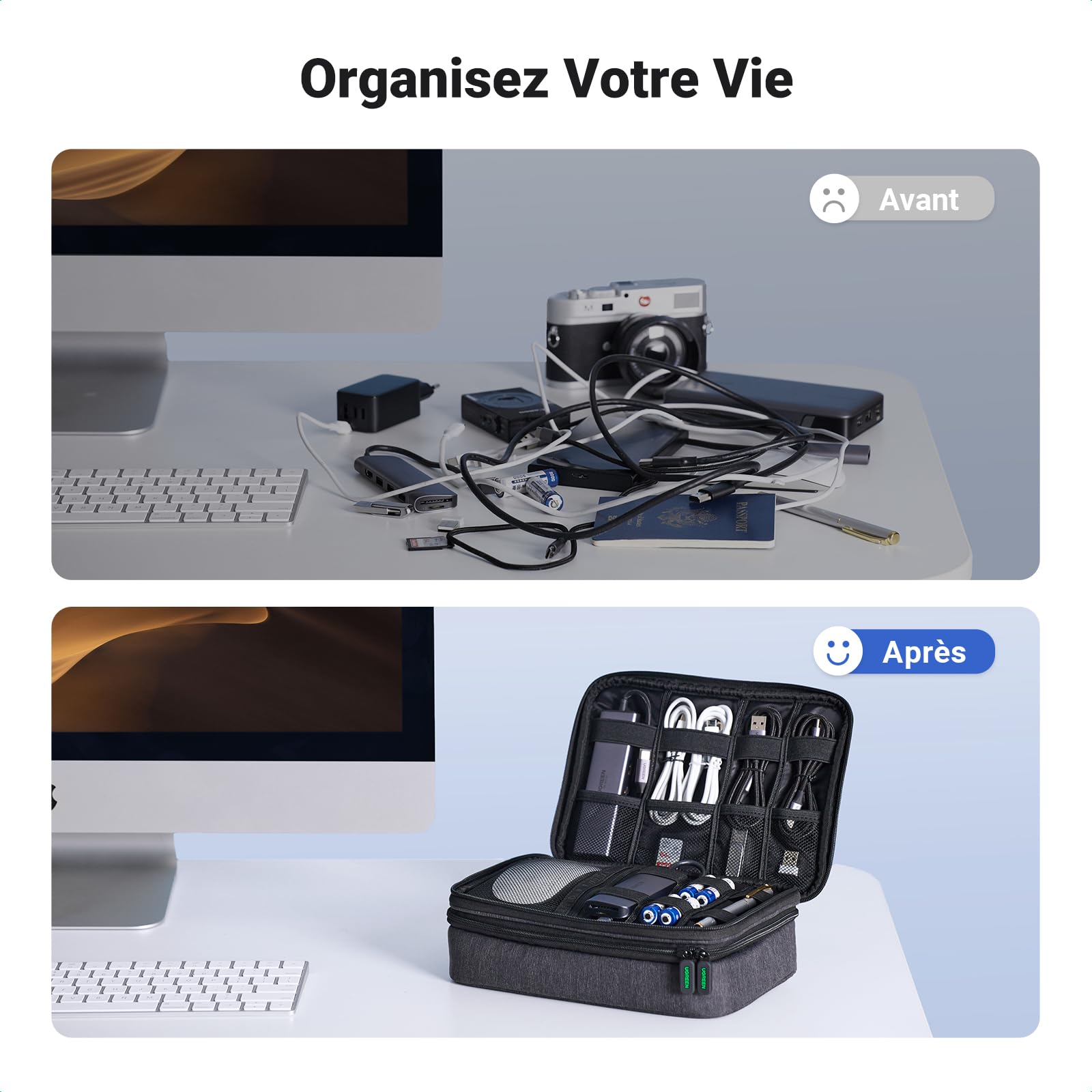 UGREEN Sac Câble Multifonctionnel Rangement Électronique Pochette Protection Voyage 2 Couches