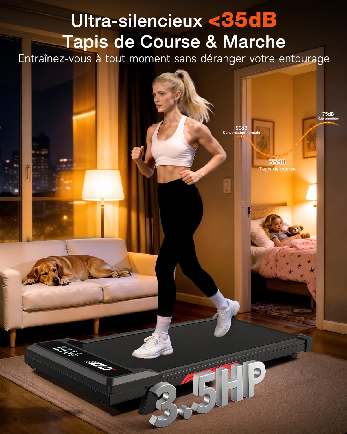 Tapis de Course et de Marche 3 en 1 avec Pente 9%, Tapis Roulant Pliable 1-10 km/h, Walking Pad Électrique, Moteur sans Balais Silencieux 3,0 HP, 140 kg Max, Écran LED, Amorti