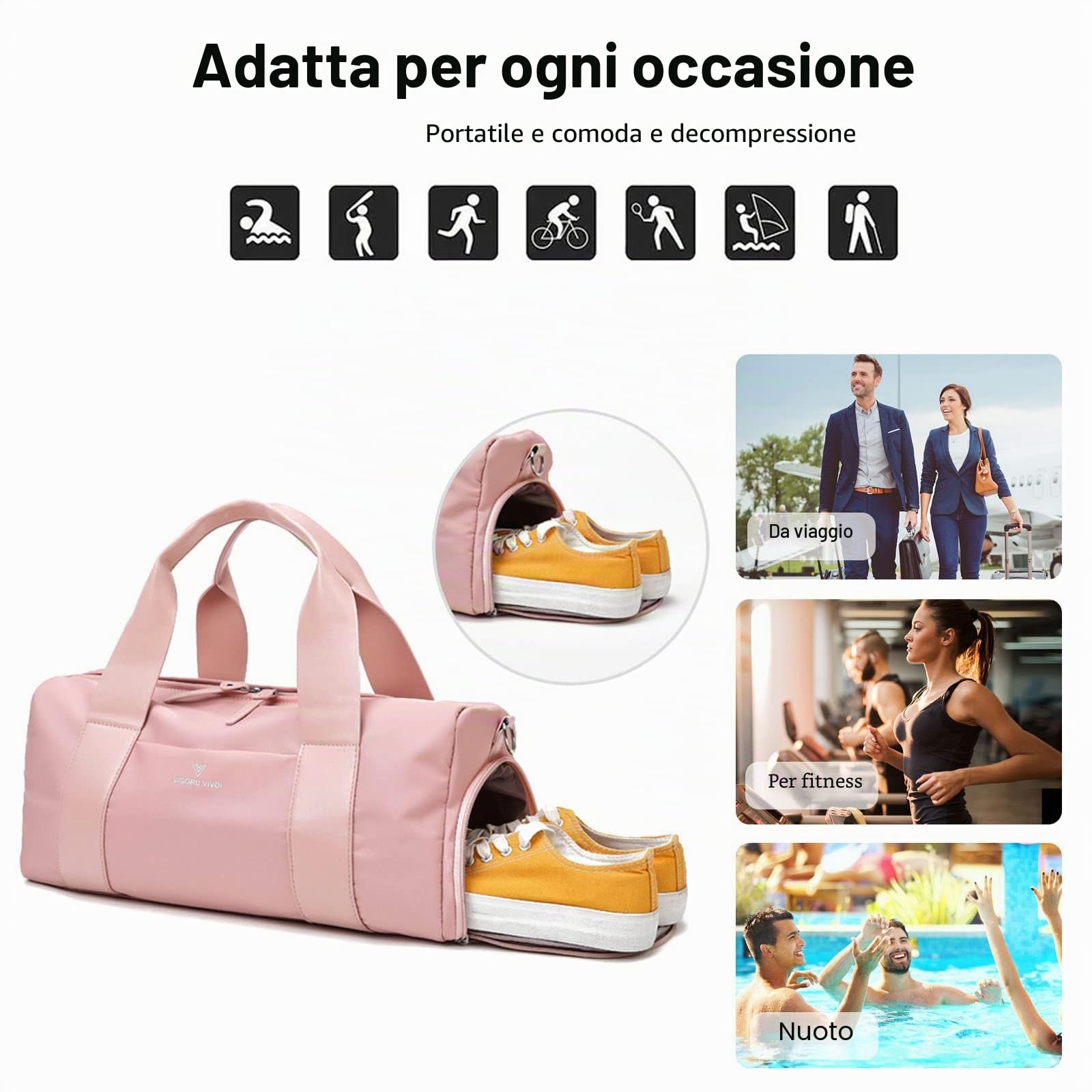 FANDARE Unisex Borsone da Viaggio Borsa Palestra Borsa Sportivo Weekender Borsone Piscina Nascita Ospedale Borsa a Spalla con Scomparto Scarpe & Tasca di separazione bagnata e asciutta Nero Rosa