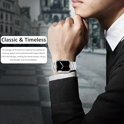 Vista 9 de Miimall Compatible for Apple Watch Series 9/8/7 41mm Bands Stainless Steel with Cases Cover Slim Hard PC Fit Case Stainless Steel Wristband Metal