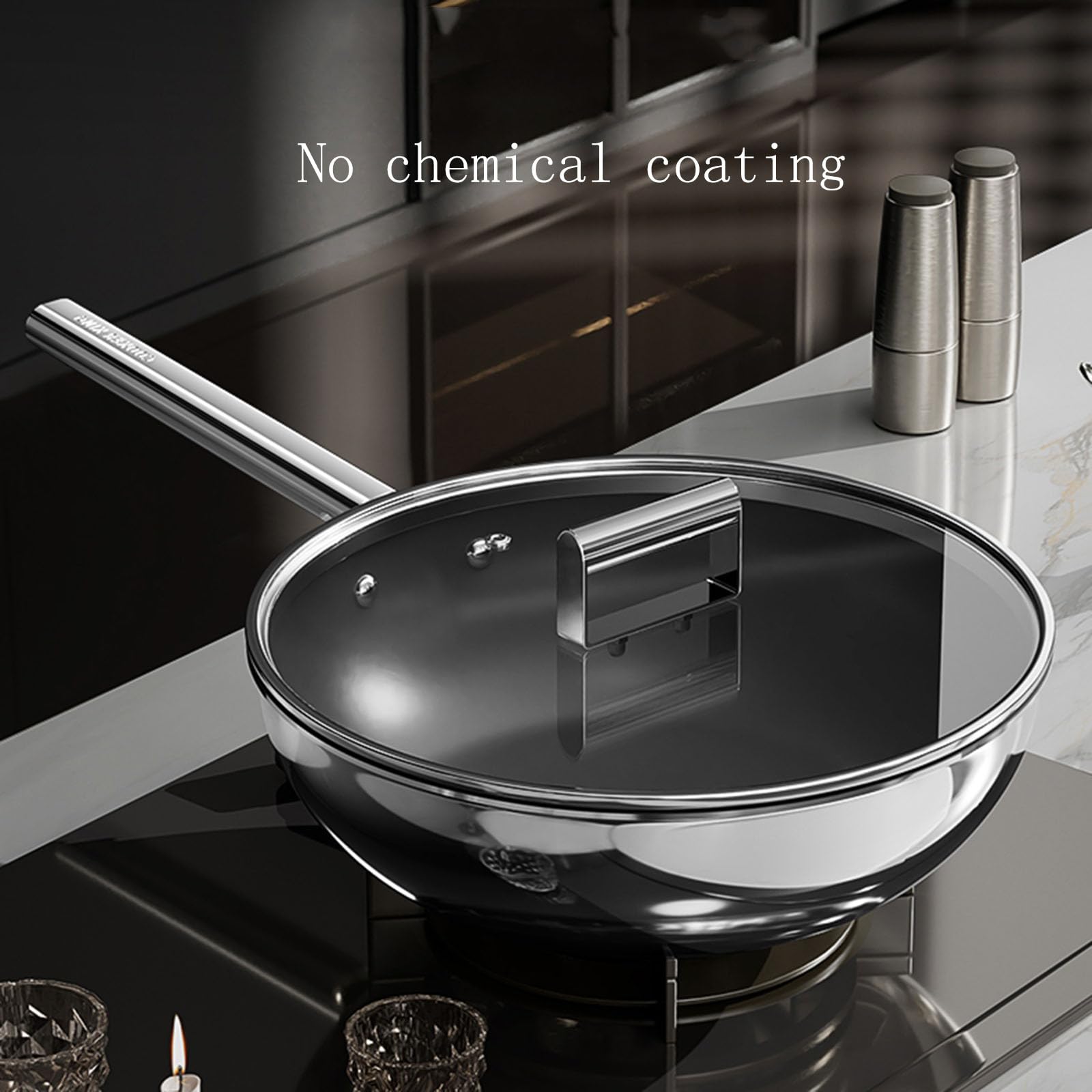 Padella Wok in Acciaio Inossidabile, Wok Friggibile con Coperchio per Cottura Professionale, Wok con Manico A Cool, Wok sul Fondo Rotondo per Elettrico, Induzione, Stufe A Gas(Size:32CM)