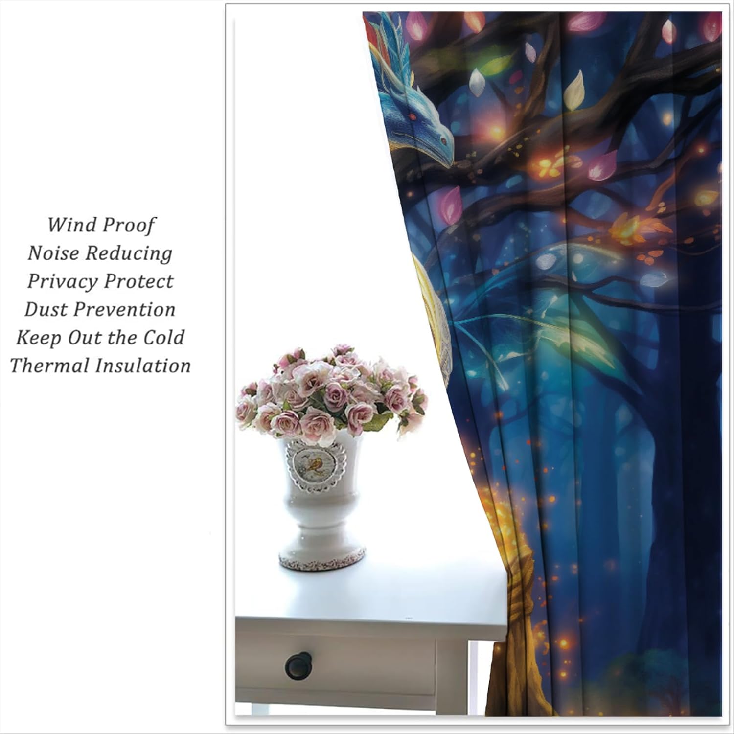 Dragon Blackout Curtains for Boys Girl Bedroom Home Decor, Magic Fantasy Forest Wild Animal Thermal Insulated Rod Pocket Darkening Living Room Window Drapes, 42 x 63 inch