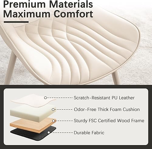 Miniatura 4 de YOUTASTE Juego de 2 sillas de comedor color crema, sillas de cocina modernas y cómodas de mediados de siglo, piel sintética tapizada, patas de metal