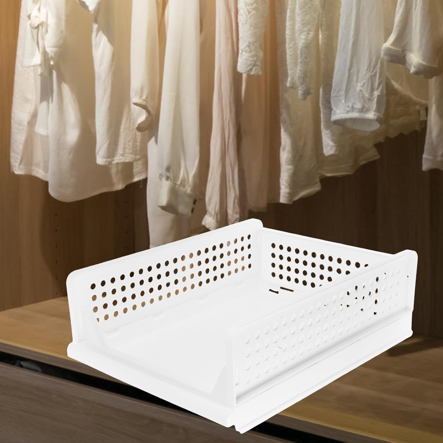 Amosfun Stackable Plastic Drawer Organizer Basket Bin for Clothes and Shoes, Foldable Wardrobe Storage Organizer Made of Sturdy Pp Material, Minimalist White Design for Closet and Travel