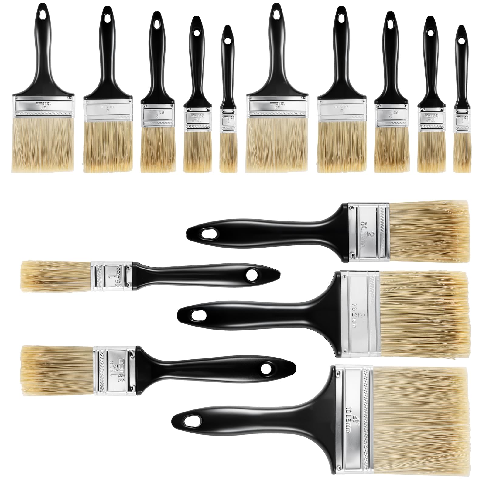 Juego de 15 Pinceles Planos para Pintura Acrílica y Barniz, 5 Tamaños (25-100mm), Mango de Plástico, para Lienzo, Madera, Cerámica