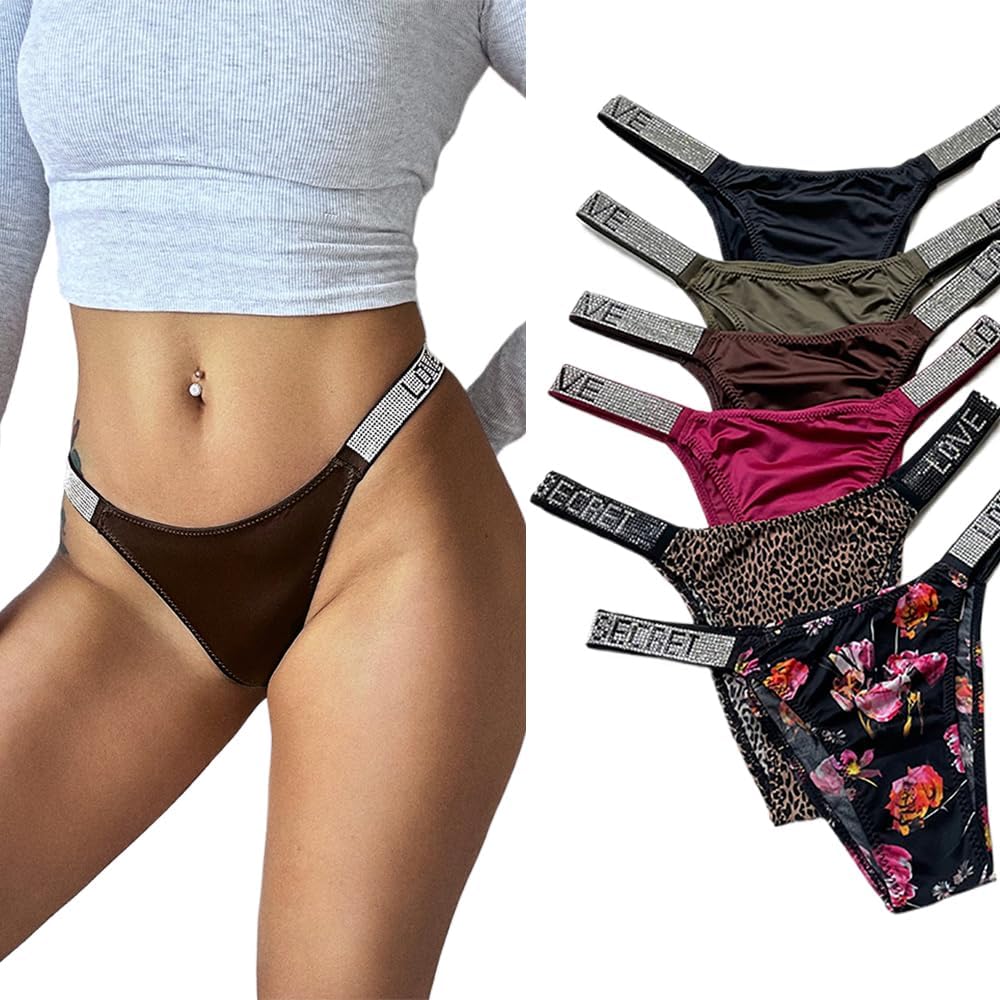 Women's Ice Silk Rhinestone Thongs Low Waist High Cut Bikini Underwear Hipster T Back Panties 6 Pack