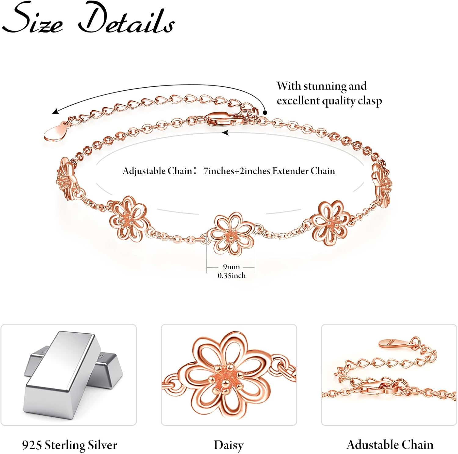 Palpitate Daisy Bracelet Daisy Flowers Jewelry Gifts for Women Mothers Lovers Wife Adjustable Chain - Image 3