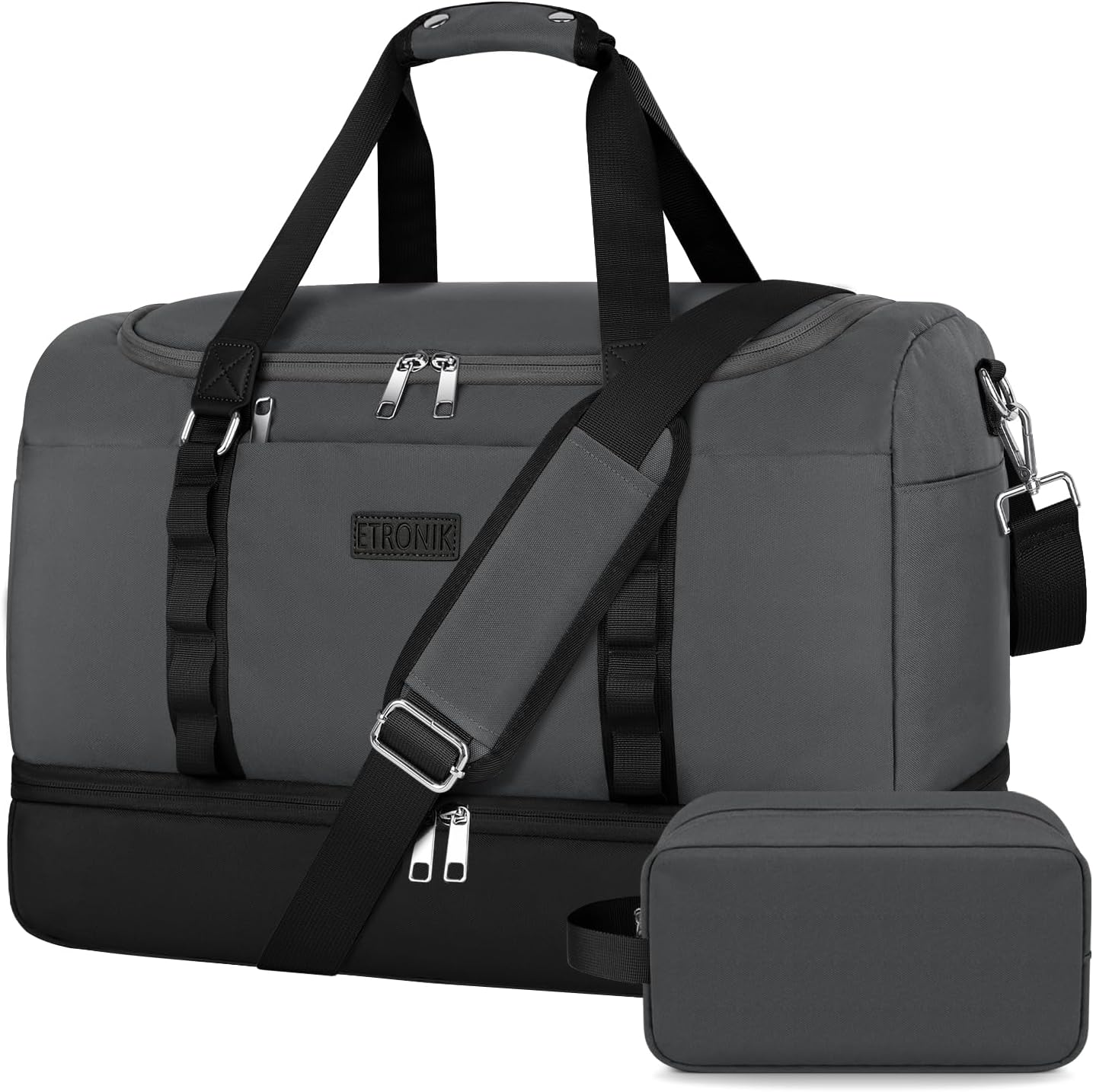ETRONIK Travel Bag for Men Women, Duffle & Gym Bag with Shoe Compartment, Weekender Overnight Bag with Toiletry Bag, Carry on Bags for Airplanes for Travel, Trip, Gym, Yoga, Black-Grey