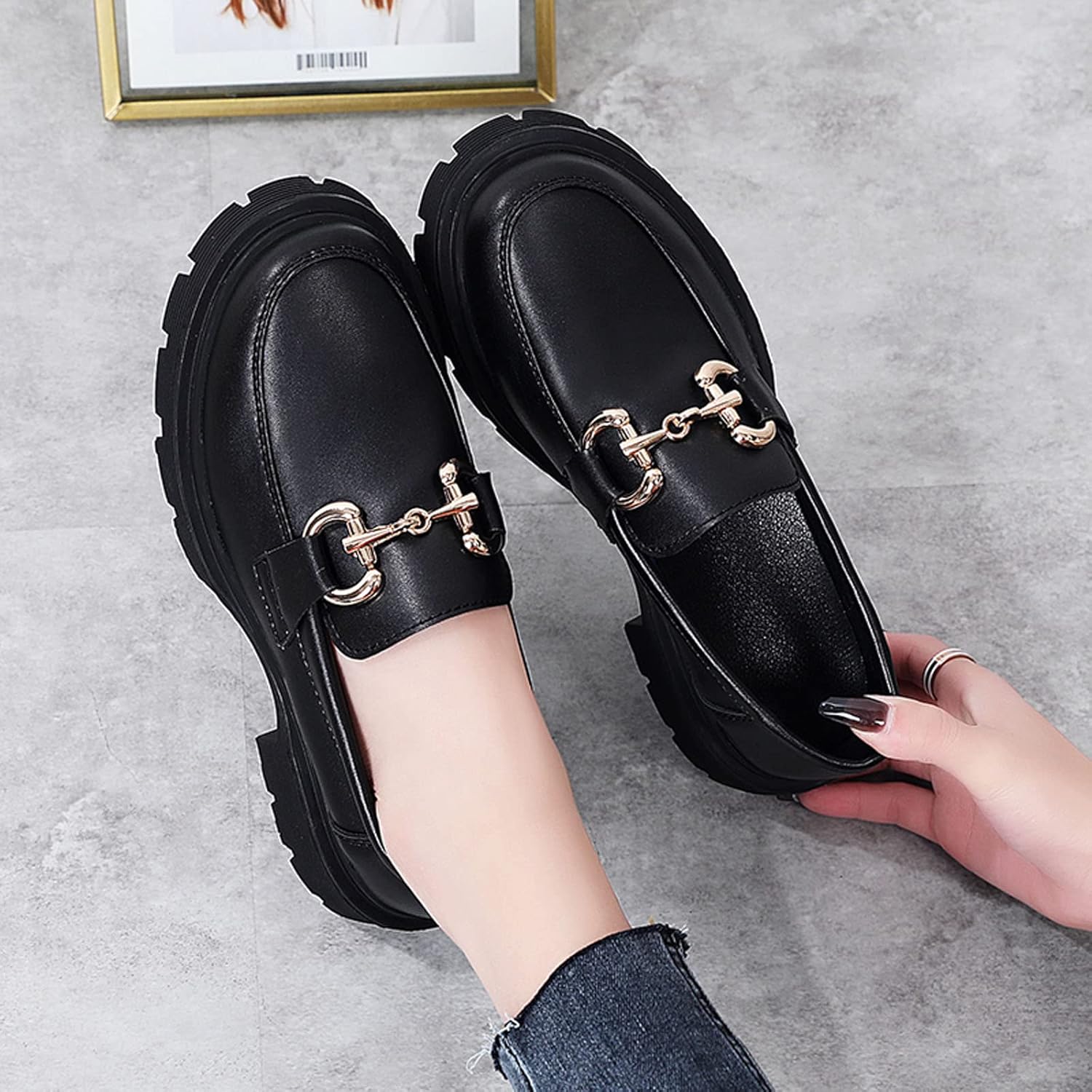 Women's Platform Chunky Heel Pumps Slip On Round Toe Penny Loafers Patent Leather Oxfords Dress Shoes